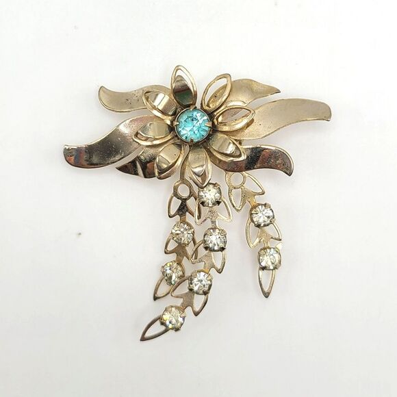 Vintage Floral Brooch, Silver Toned with Blue Rhinestone - Picture 1 of 4